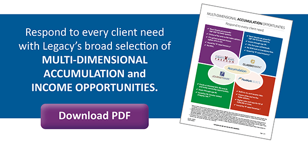 Respond to every client need with Legacy's broad selection of MULTI-DIMENSIONAL ACCUMULATION and INCOME OPPORTUNITIES.